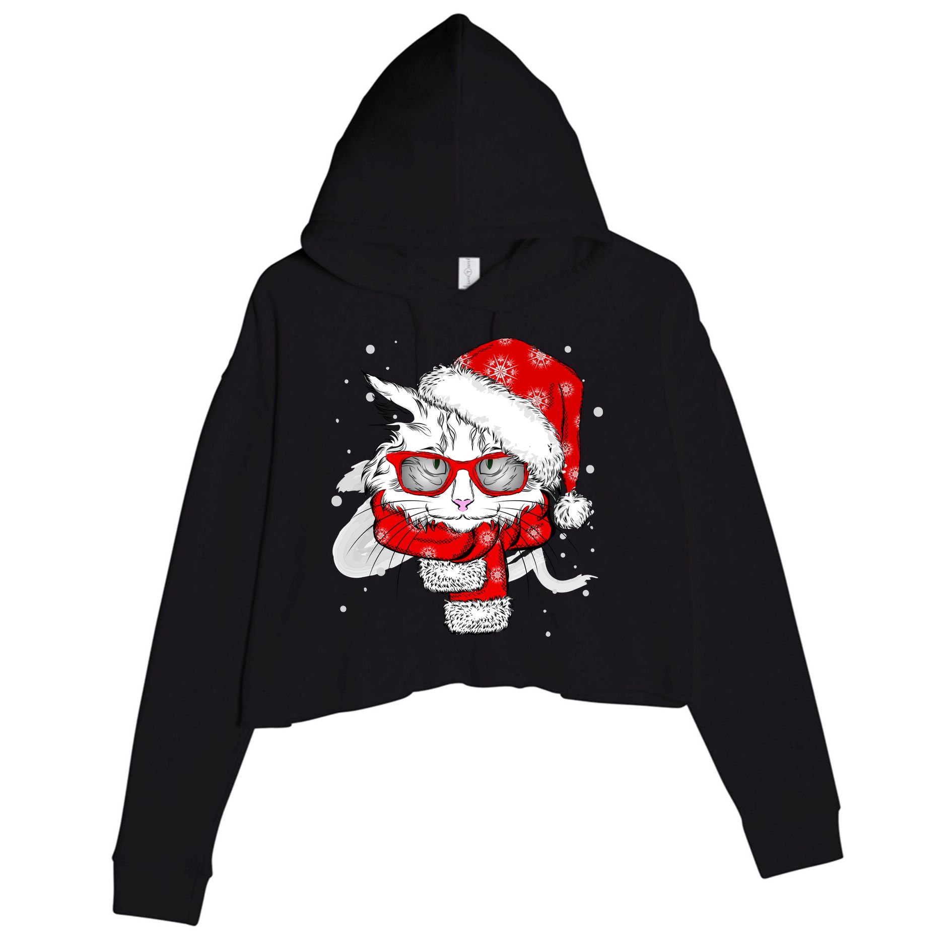 Hipster Christmas Cat Crop Fleece Hoodie