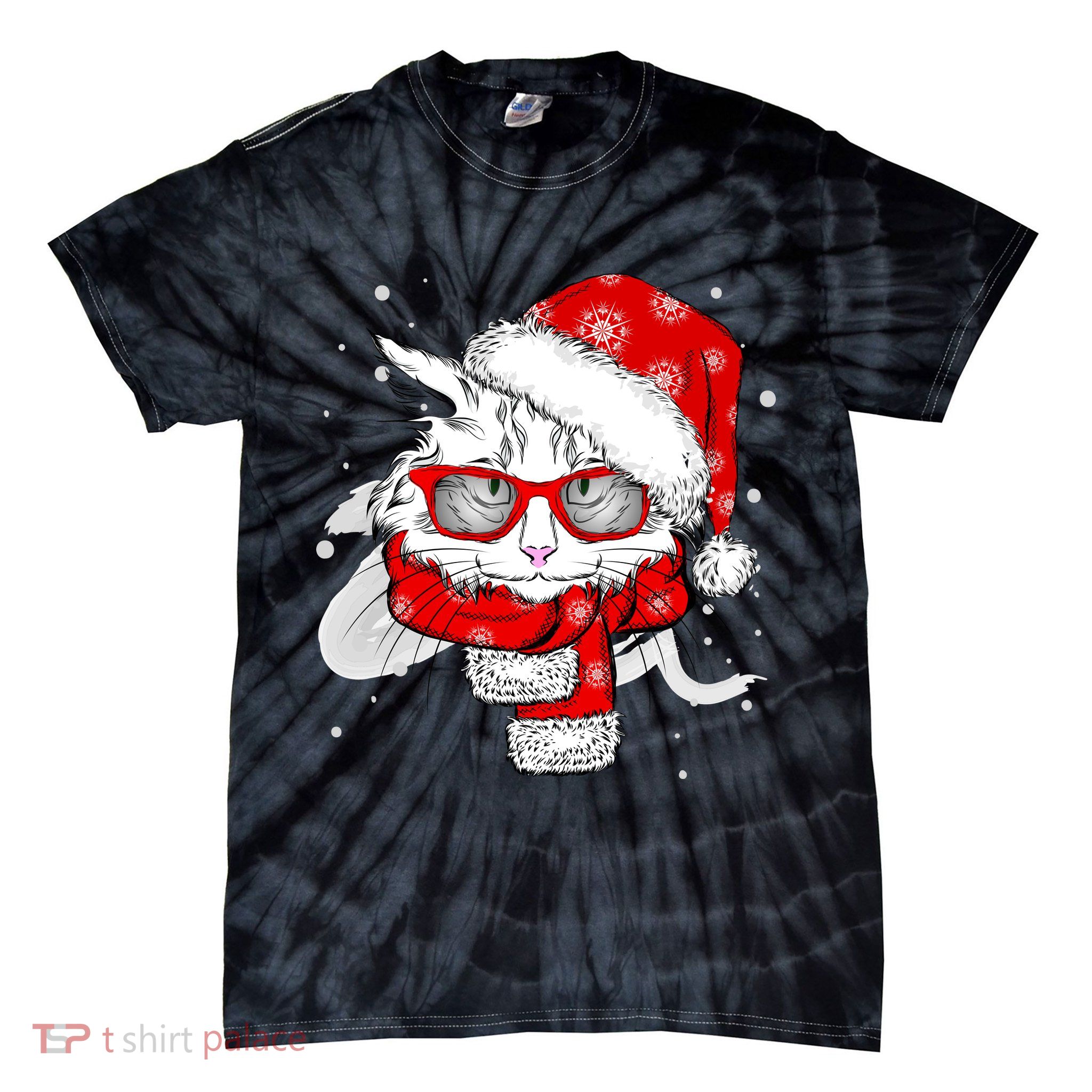 Hipster Christmas Cat Tie-Dye T-Shirt