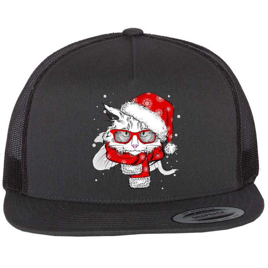 Hipster Christmas Cat Flat Bill Trucker Hat