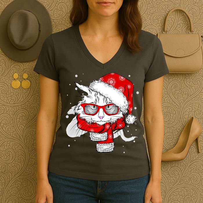 Hipster Christmas Cat Women's V-Neck T-Shirt