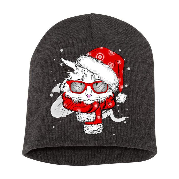 Hipster Christmas Cat Short Acrylic Beanie