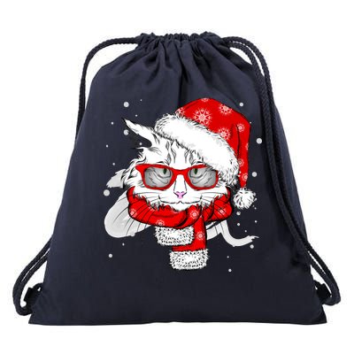 Hipster Christmas Cat Drawstring Bag