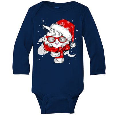 Hipster Christmas Cat Baby Long Sleeve Bodysuit