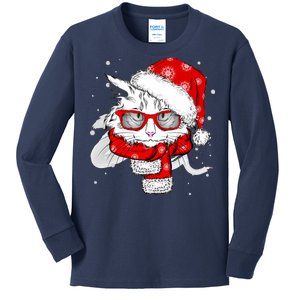 Hipster Christmas Cat Kids Long Sleeve Shirt