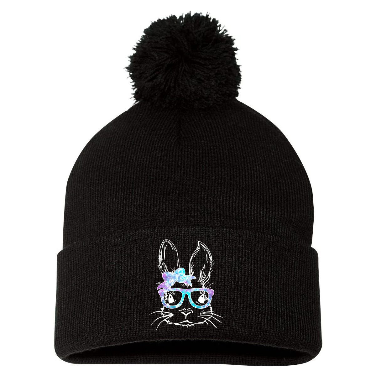 Hipster Easter Bunny Floral Pom Pom 12in Knit Beanie