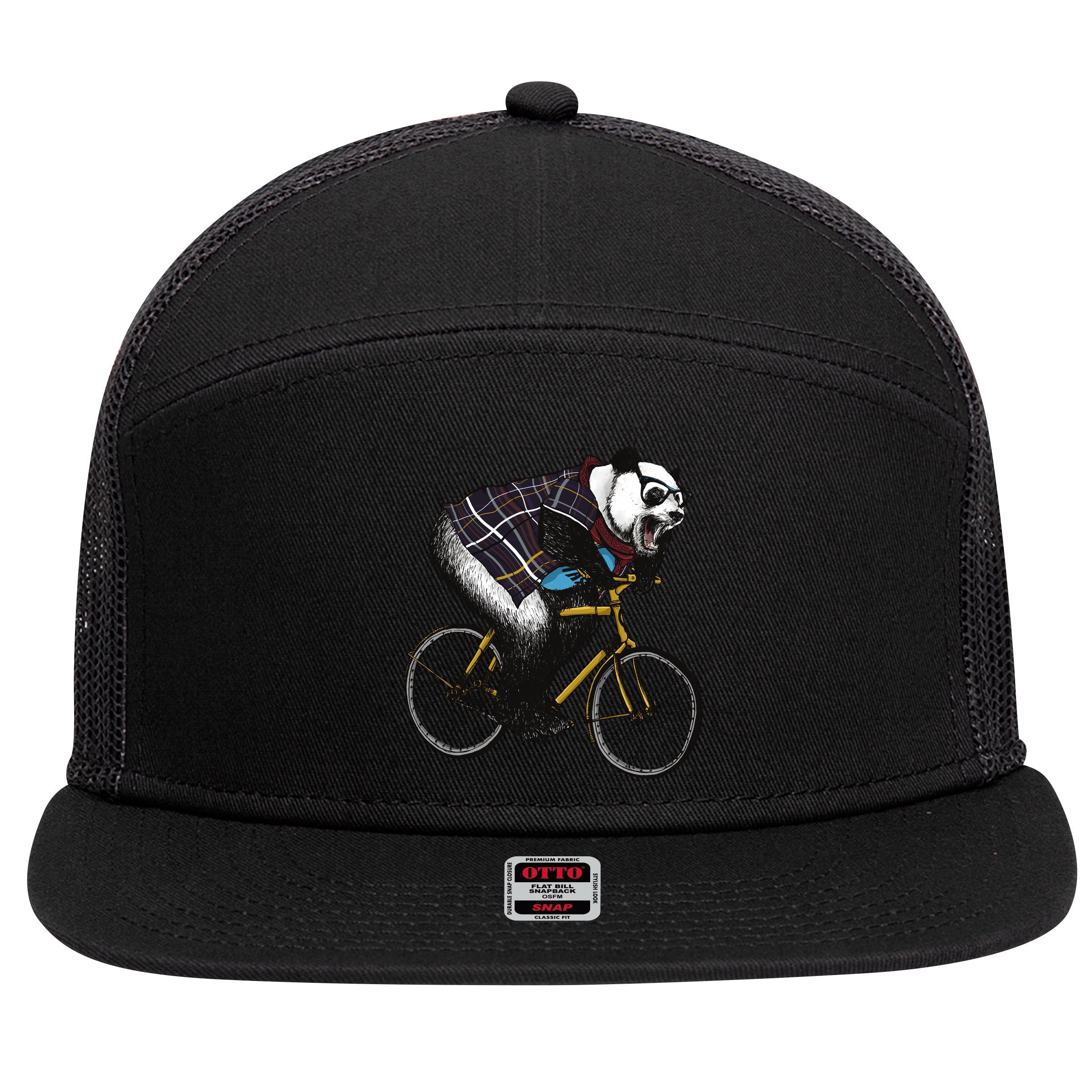 Hipster Panda Riding Bicycle 7 Panel Mesh Trucker Snapback Hat