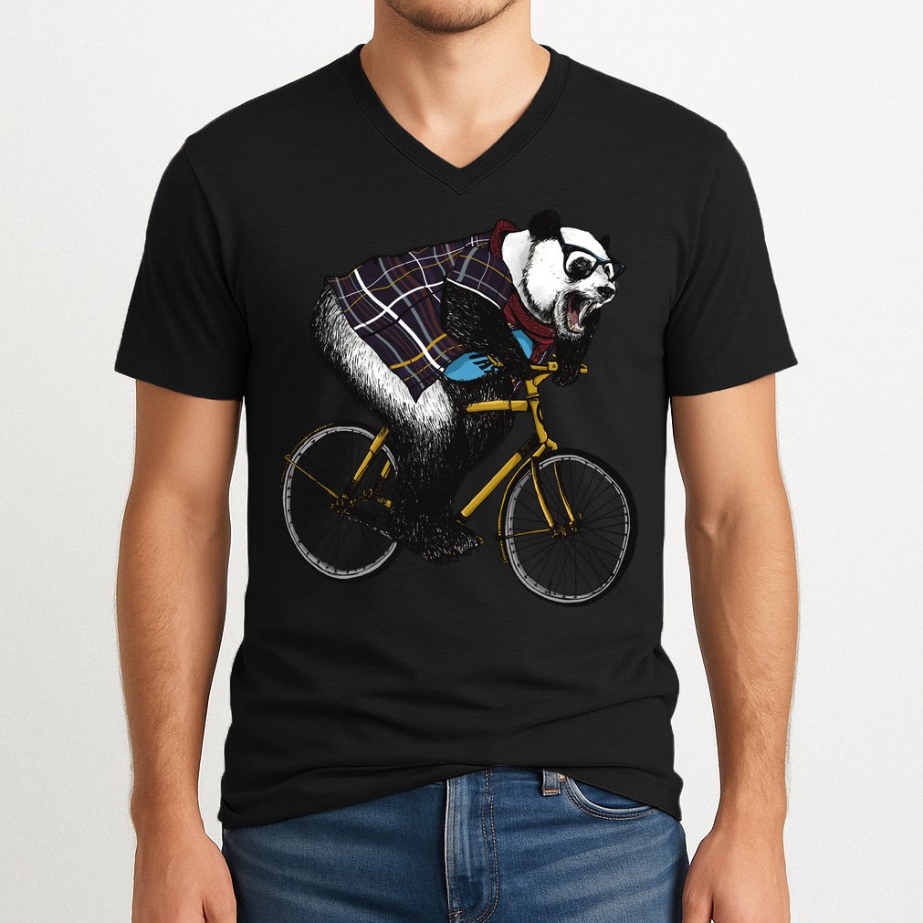 Hipster Panda Riding Bicycle V-Neck T-Shirt