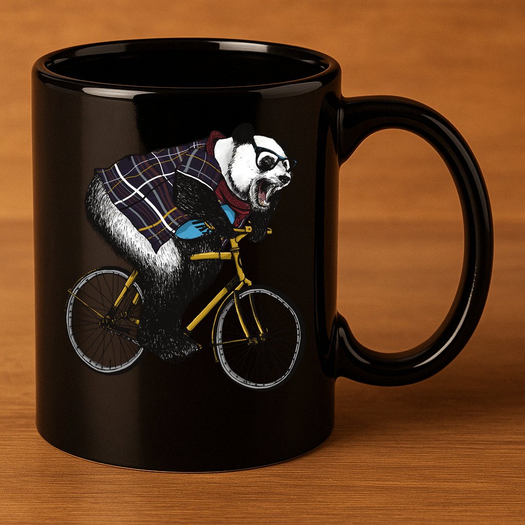 Hipster Panda Riding Bicycle 11oz C Handle Ceramic Mug