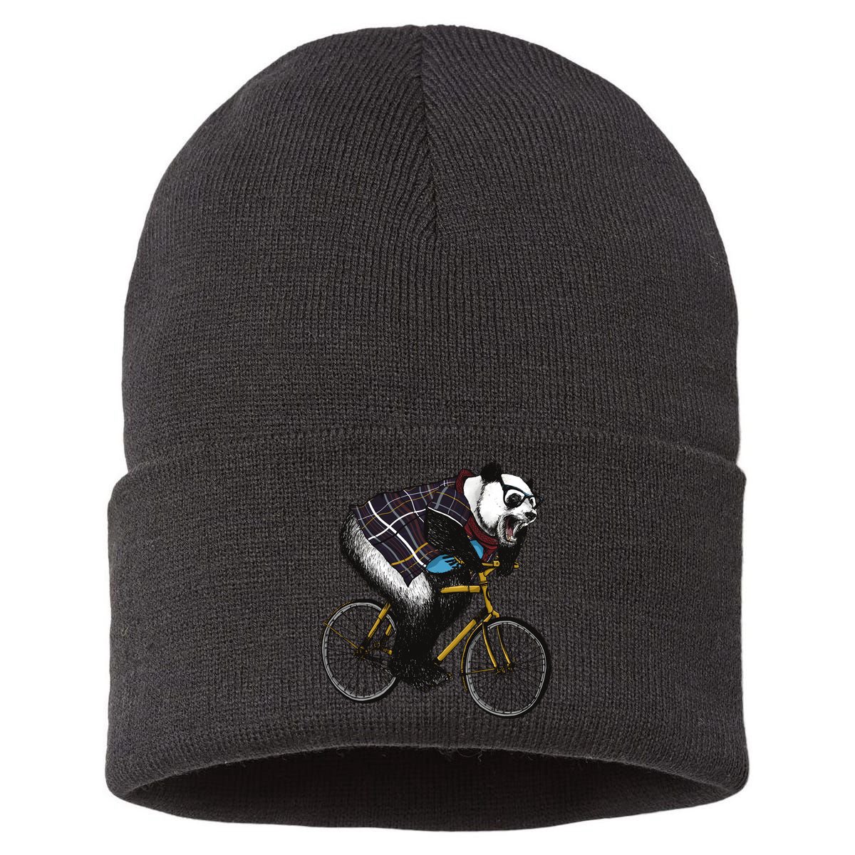 Hipster Panda Riding Bicycle Sustainable Knit Beanie