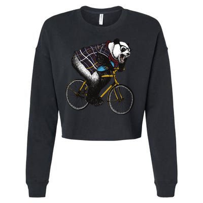 Hipster Panda Riding Bicycle Cropped Pullover Crew