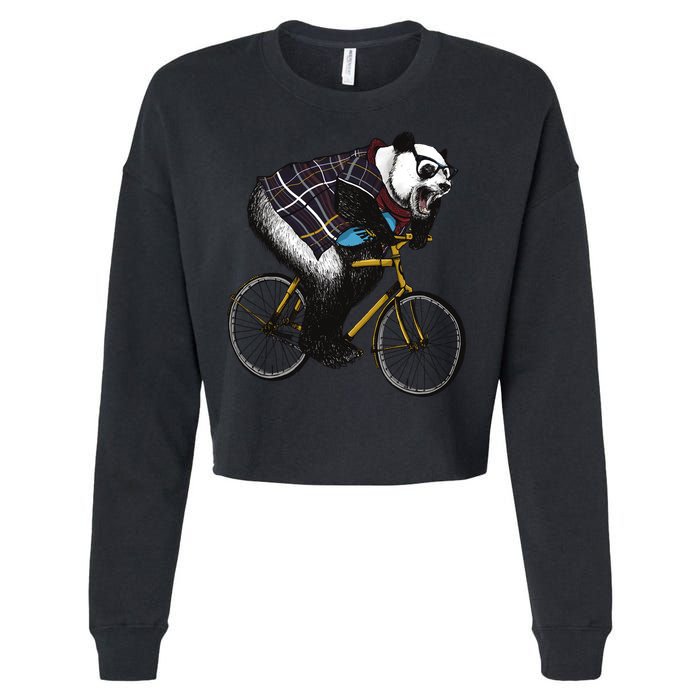 Hipster Panda Riding Bicycle Cropped Pullover Crew