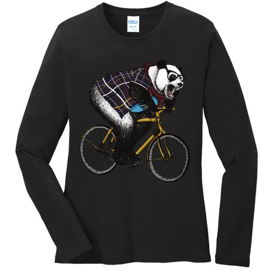 Hipster Panda Riding Bicycle Ladies Long Sleeve Shirt
