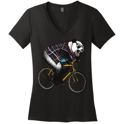 Hipster Panda Riding Bicycle Women's V-Neck T-Shirt