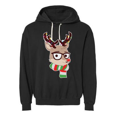 Hipster Red Nose Reindeer Christmas Lights Garment-Dyed Fleece Hoodie