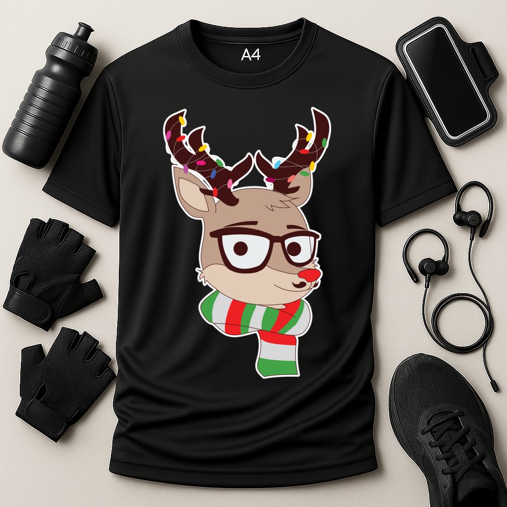 Hipster Red Nose Reindeer Christmas Lights Performance Shirt