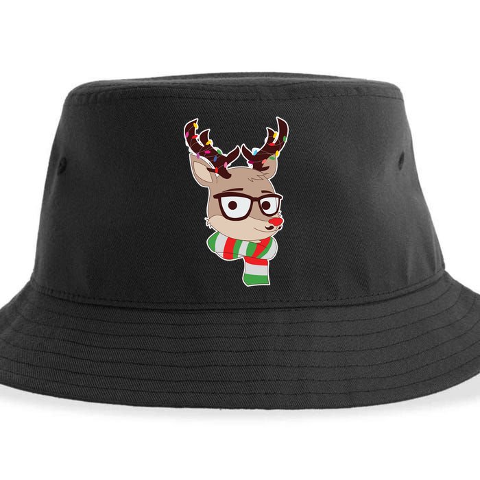 Hipster Red Nose Reindeer Christmas Lights Sustainable Bucket Hat