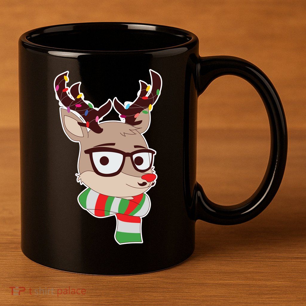 Hipster Red Nose Reindeer Christmas Lights 11oz C Handle Ceramic Mug