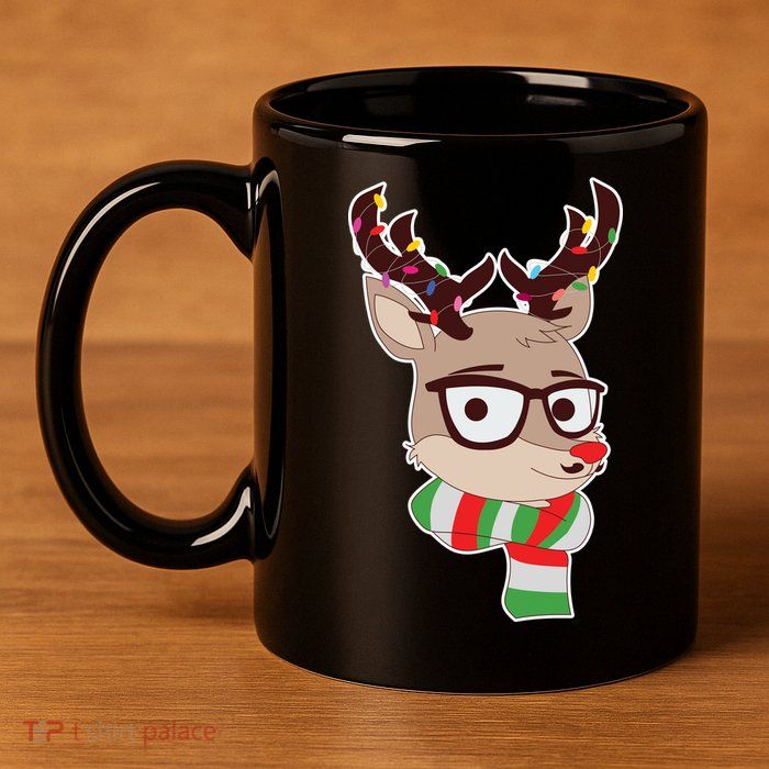 Hipster Red Nose Reindeer Christmas Lights 11oz C Handle Ceramic Mug