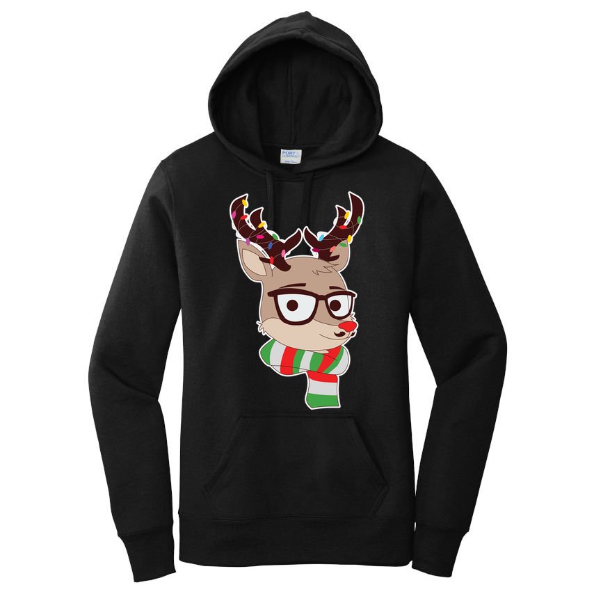 Hipster Red Nose Reindeer Christmas Lights Women's Pullover Hoodie