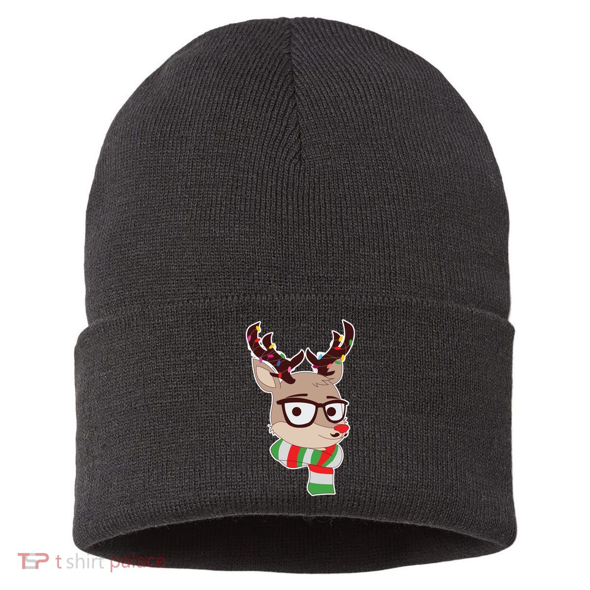 Hipster Red Nose Reindeer Christmas Lights Sustainable Knit Beanie