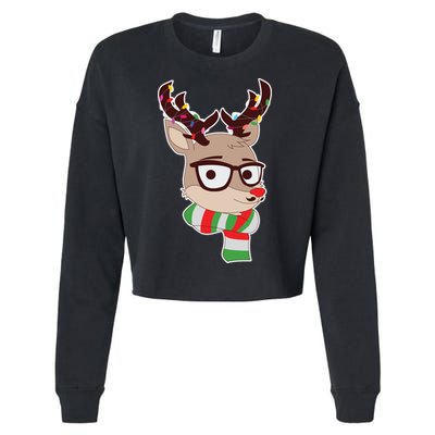 Hipster Red Nose Reindeer Christmas Lights Cropped Pullover Crew