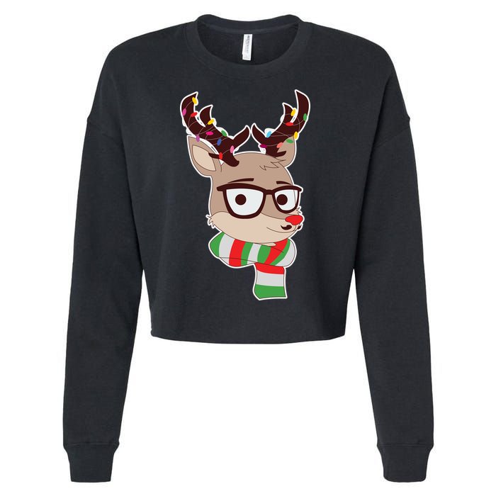 Hipster Red Nose Reindeer Christmas Lights Cropped Pullover Crew