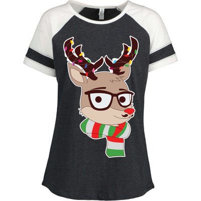 Hipster Red Nose Reindeer Christmas Lights Enza Ladies Jersey Colorblock Tee