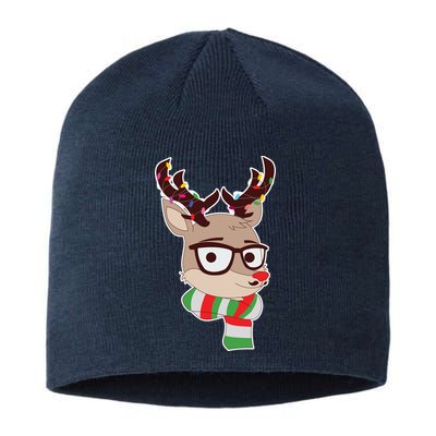 Hipster Red Nose Reindeer Christmas Lights Sustainable Beanie