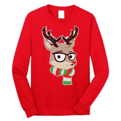 Hipster Red Nose Reindeer Christmas Lights Long Sleeve Shirt