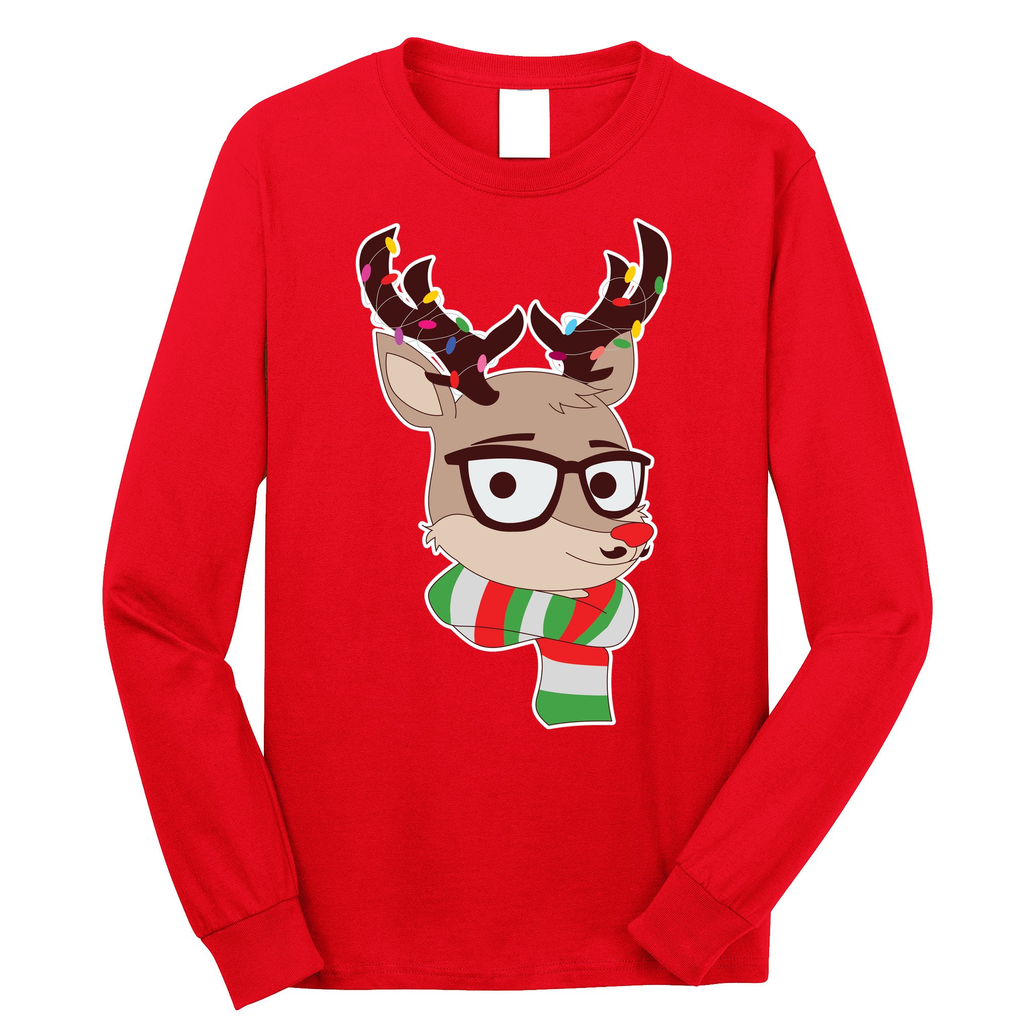 Hipster Red Nose Reindeer Christmas Lights Long Sleeve Shirt
