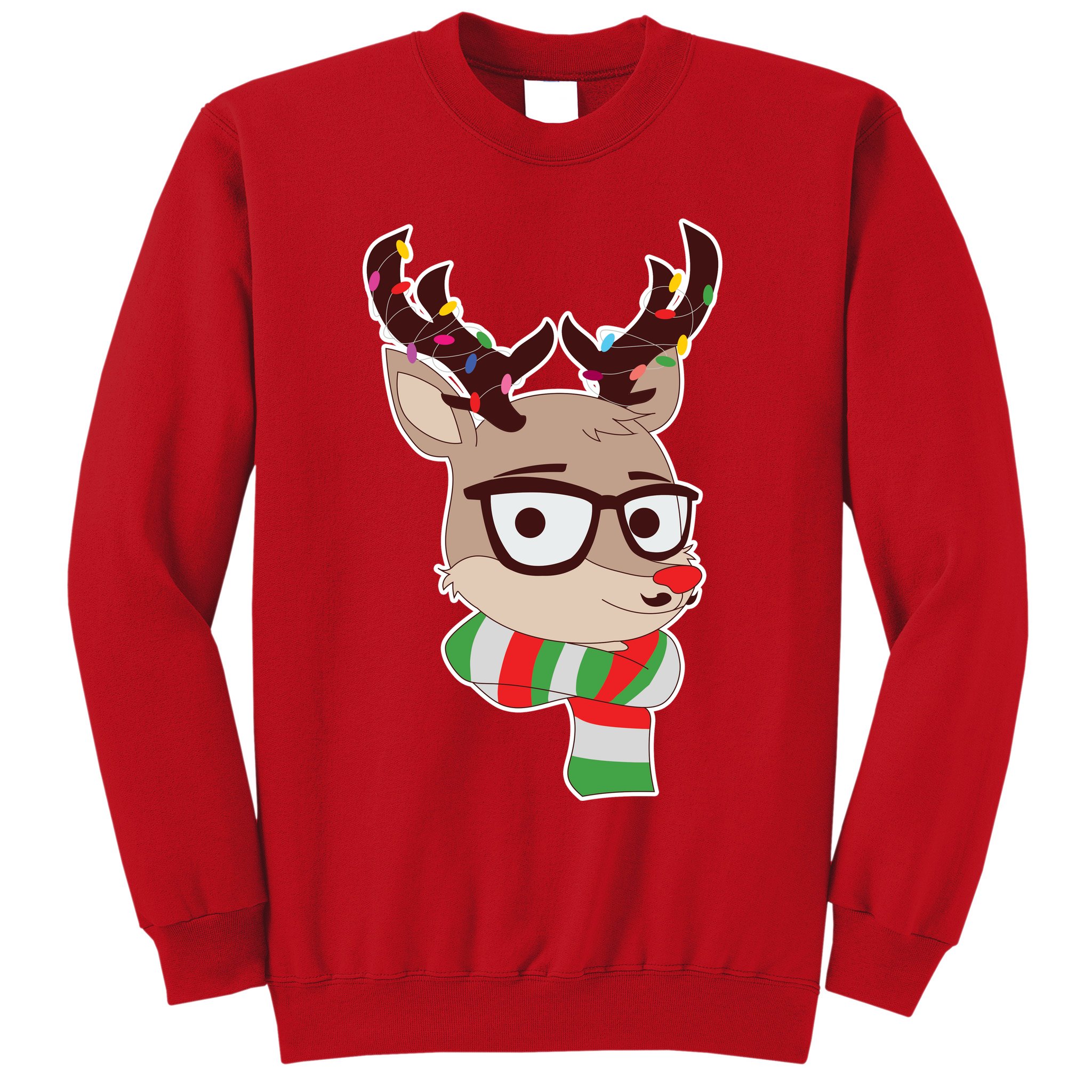 Hipster Red Nose Reindeer Christmas Lights Sweatshirt