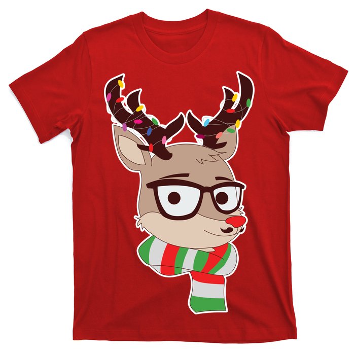 Hipster Red Nose Reindeer Christmas Lights T-Shirt