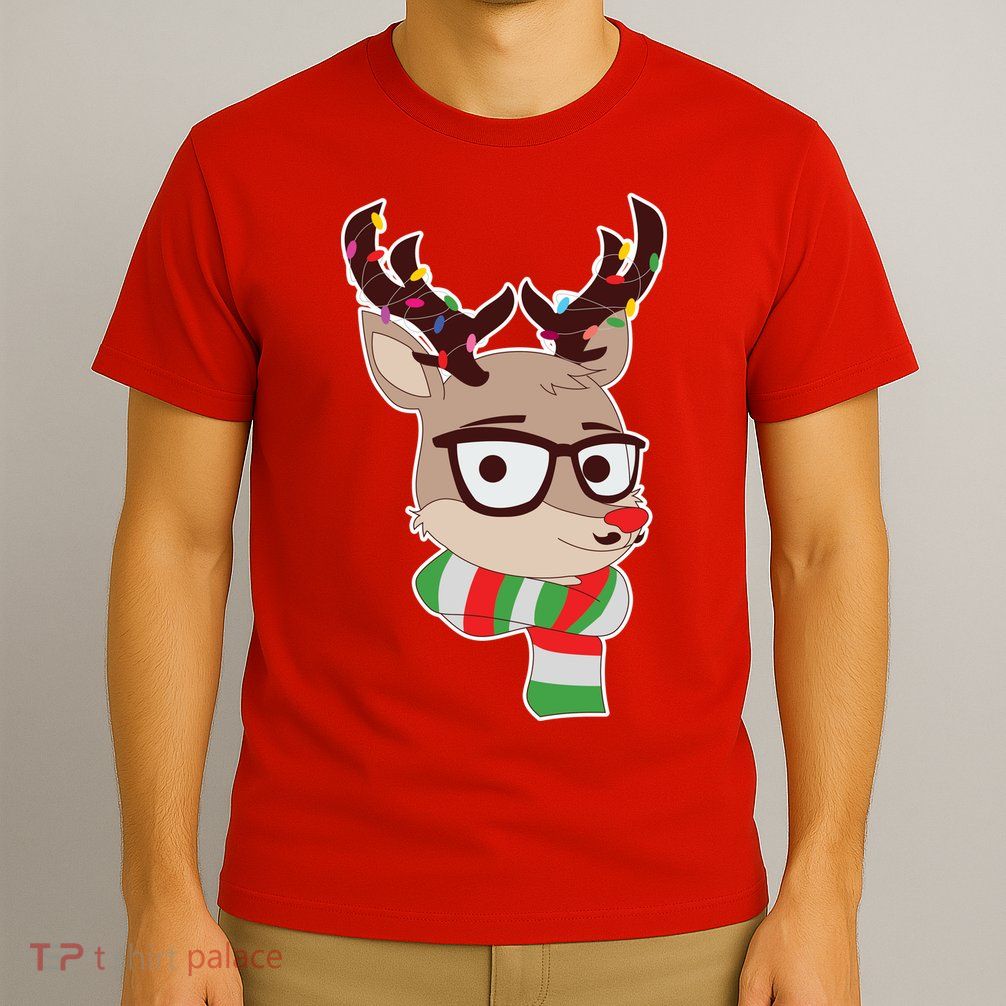 Hipster Red Nose Reindeer Christmas Lights T-Shirt
