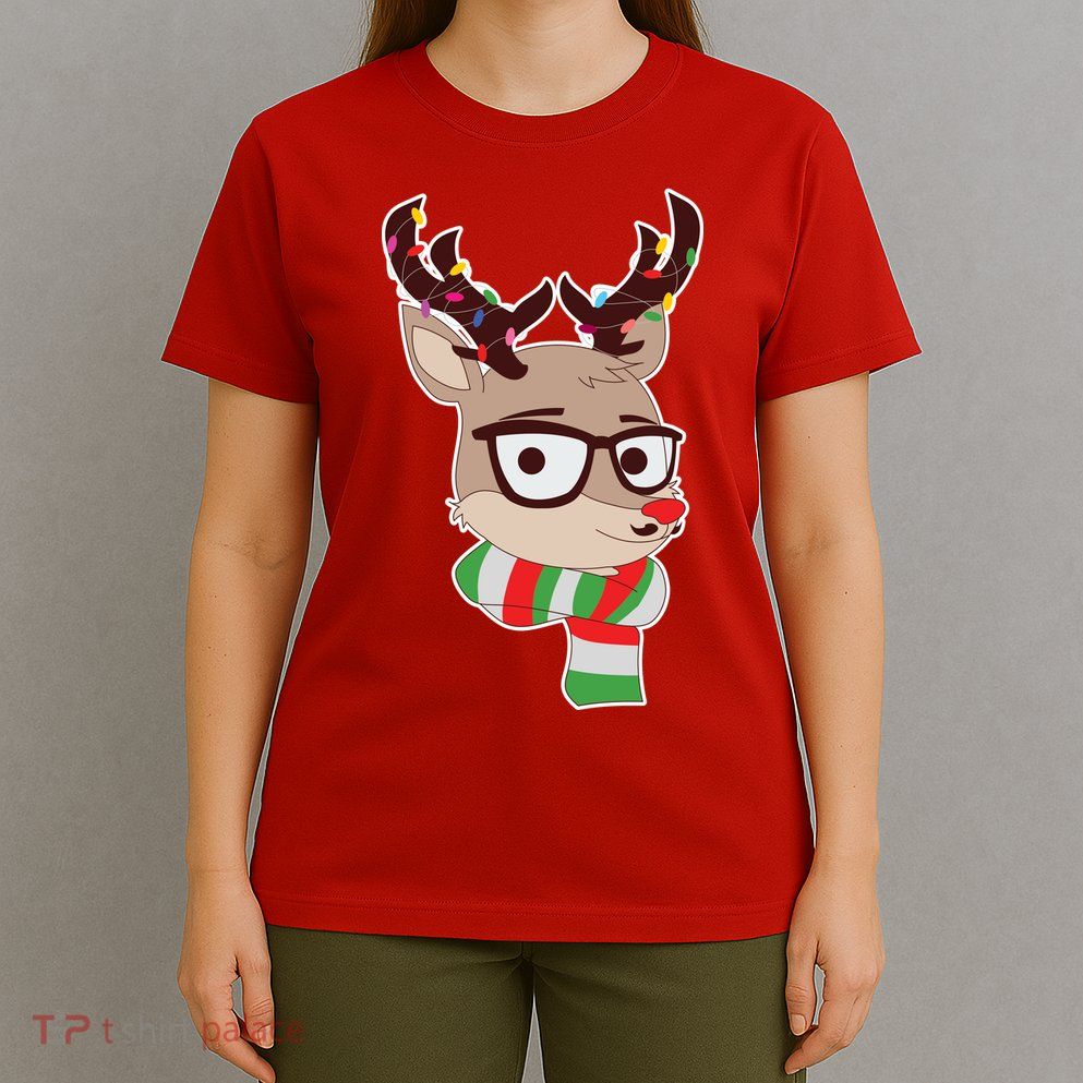 Hipster Red Nose Reindeer Christmas Lights T-Shirt
