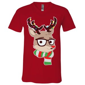 Hipster Red Nose Reindeer Christmas Lights V-Neck T-Shirt