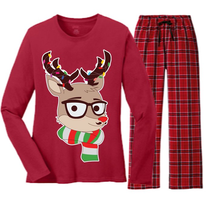 Hipster Red Nose Reindeer Christmas Lights Women's Long Sleeve Flannel Pajama Set 