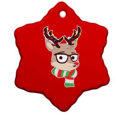 Hipster Red Nose Reindeer Christmas Lights Ceramic Star Ornament