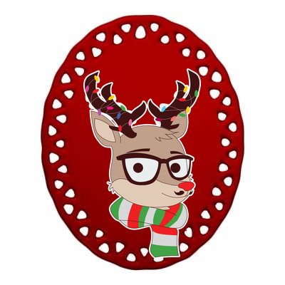 Hipster Red Nose Reindeer Christmas Lights Ceramic Oval Ornament