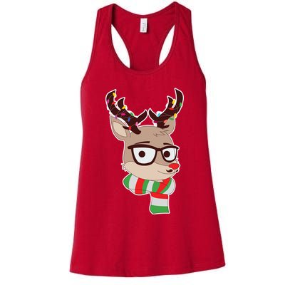 Hipster Red Nose Reindeer Christmas Lights Womens Tank Top