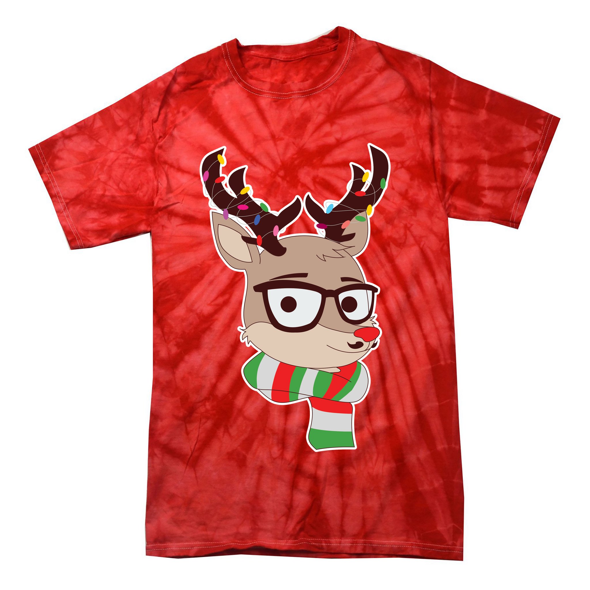Hipster Red Nose Reindeer Christmas Lights Tie-Dye T-Shirt