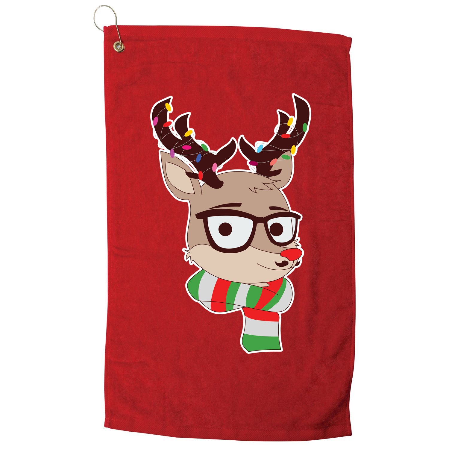 Hipster Red Nose Reindeer Christmas Lights Golf Towel