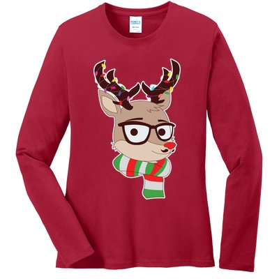 Hipster Red Nose Reindeer Christmas Lights Ladies Long Sleeve Shirt