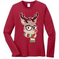 Hipster Red Nose Reindeer Christmas Lights Ladies Long Sleeve Shirt