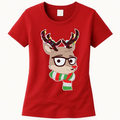 Hipster Red Nose Reindeer Christmas Lights Womens T-Shirt
