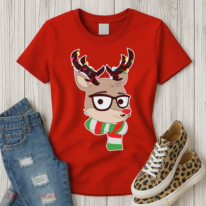 Hipster Red Nose Reindeer Christmas Lights Womens T-Shirt