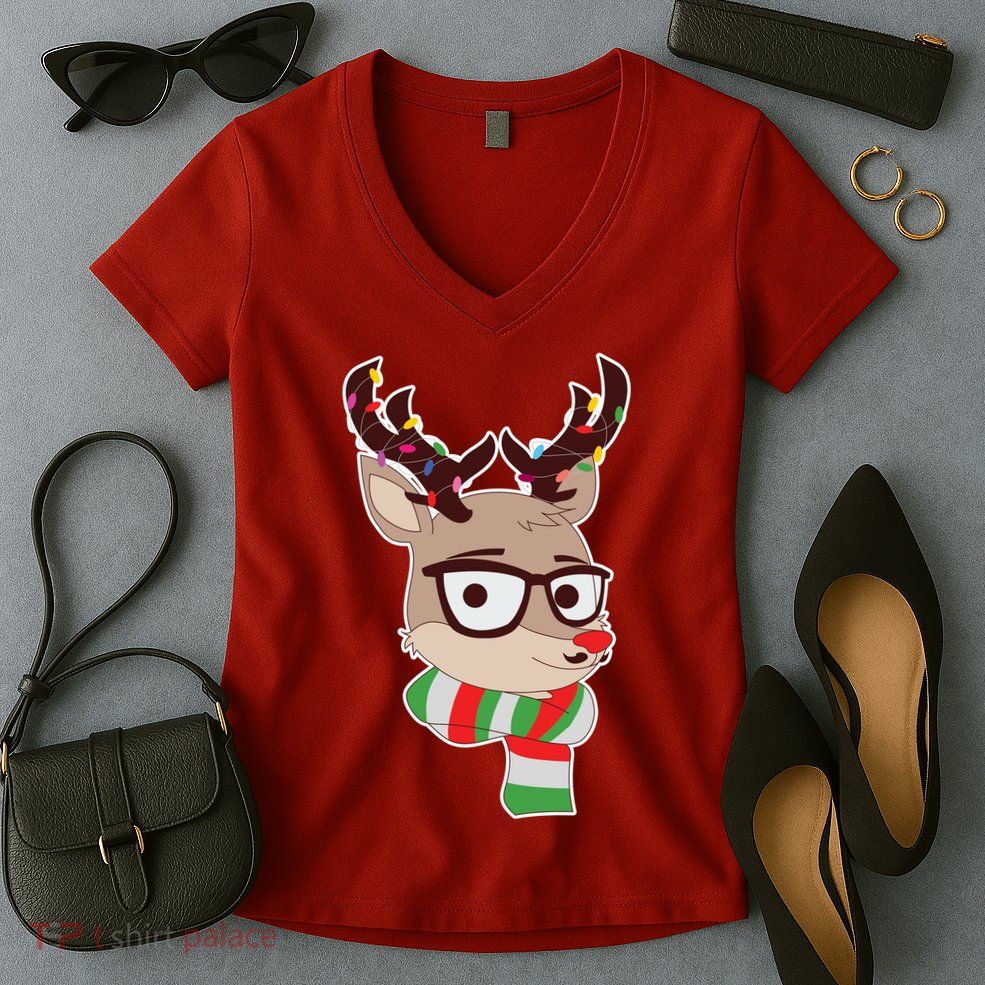 Hipster Red Nose Reindeer Christmas Lights Women's V-Neck T-Shirt