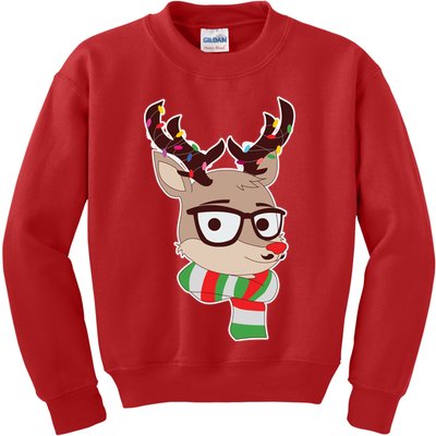 Hipster Red Nose Reindeer Christmas Lights Kids Sweatshirt