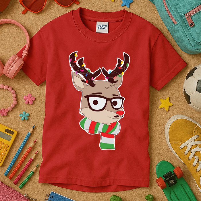 Hipster Red Nose Reindeer Christmas Lights Kids T-Shirt