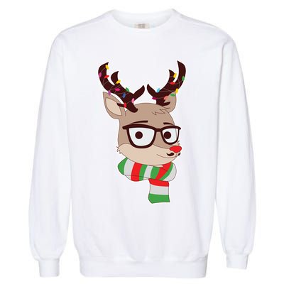 Hipster Red Nose Reindeer Christmas Lights Garment-Dyed Sweatshirt
