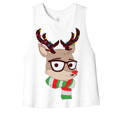 Hipster Red Nose Reindeer Christmas Lights Women's Racerback Cropped Tank